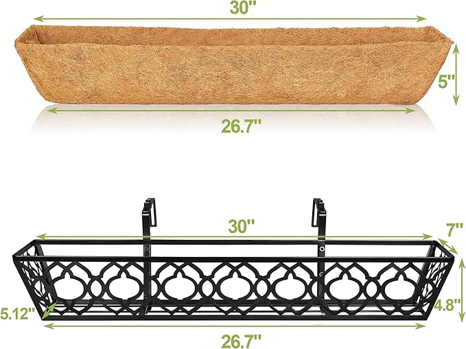 Y&M 30 inch Window Planter Box 2Pcs Iron Window Deck Railing Planter with Coco Liner, Metal Horse Troughs Fence Planter for Outdoor Balcony Rail Fence Porch Patio