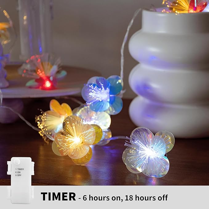 YOLIGHT Fiber Optic Flower String Lights Battery Operated with Timer, 6.5ft 10 LED Colorful Flower Garland Light Fairy Decor Lights for Room Table Wedding Christmas Easter Décor (Multi-Color)