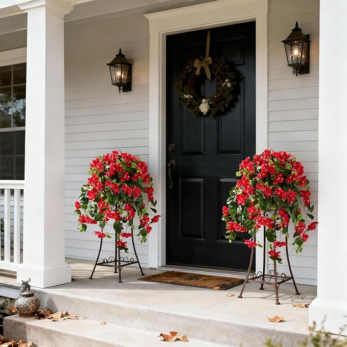 Bougainvillea Artificial Hanging Flowers for Outdoor 3 Pcs Faux Bougainvillea Flowers Fake Hanging Plants Silk Flowers Long Trailing Vines for Front Door Porch Planter Patio Balcony (Red)