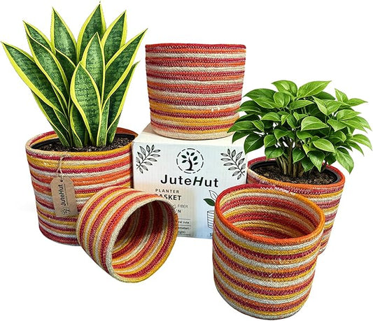 Planter Basket Set – 5-Piece Handwoven Jute Planter Basket for Home Decor, Nursery, or Indoor Plants (5'' to 8'' Diameter, 4.75'' to 7.75'' Height) – Fold & Wrinkle Free - Orange Sunset Stripe