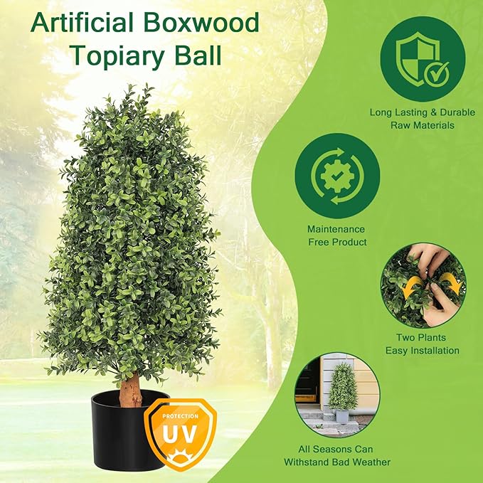 JOZHENJU 30inch Topiary Trees Artificial Outdoor Set of 2, Artificial Topiary Boxwood Tree UV Resistant Faux Plants, 2.5ft Artificial Plants & Trees for Indoor and Outdoor Porch Home Decor