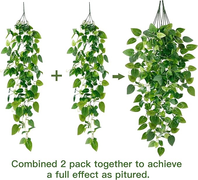 Sggvecsy Fake Hanging Plants 4 Pcs Artificial Hanging Plants Fake Ivy Vine Faux Pothos Vines Artificial Ivy Leaves Greenery Plant for Room Patio Home Indoor Outdoor Shelf Wall Garden Decor(No Baskets)