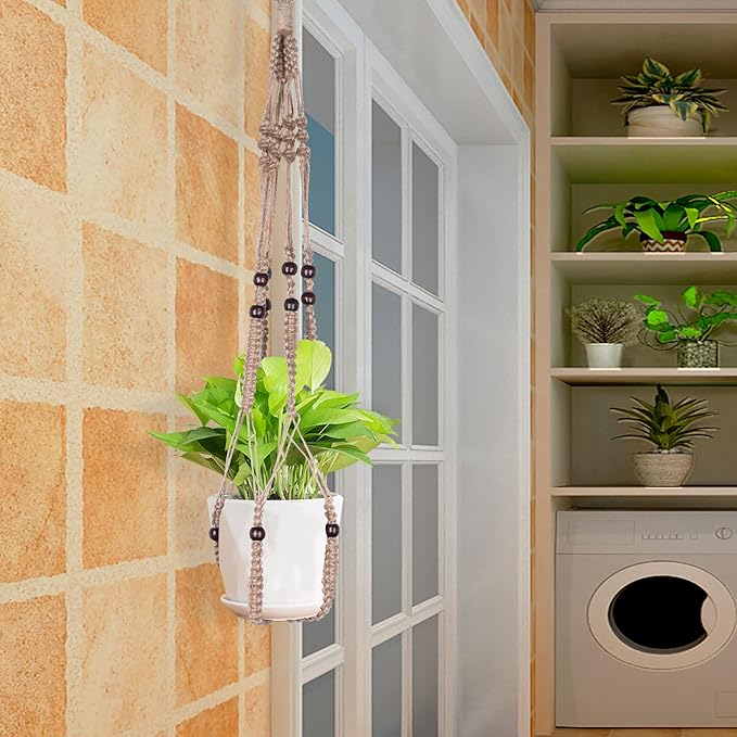 BlueMake Macrame Plant Hanger Indoor Hanging with Wood Beads Macrame Planters No Tassel for Indoor Outdoor Boho Home Decor 35 Inch (Brown, 1pc)