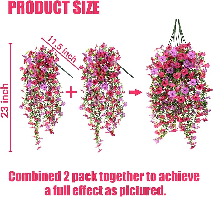Artificial Fake Hanging Flowers Plants for Outdoor Outside Spring Summer Decoration 2PCS Faux Silk UV Resistant Realistic Mums Daisy with Eucalyptus for Home Porch Patio Balcony(Hot pink & Magenta)