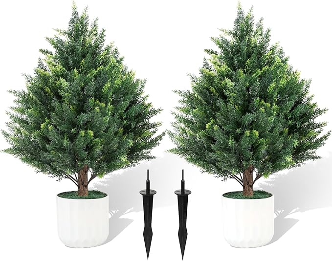Gladeup 2FT Artificial Cedar Topiary Trees Set of 2 Detachable Planter & Spike,UV Resistant Faux Plants Outdoor and Indoor,Realistic Fake Bushes Pine Tree for Front Porch Decor Patio Offices Green