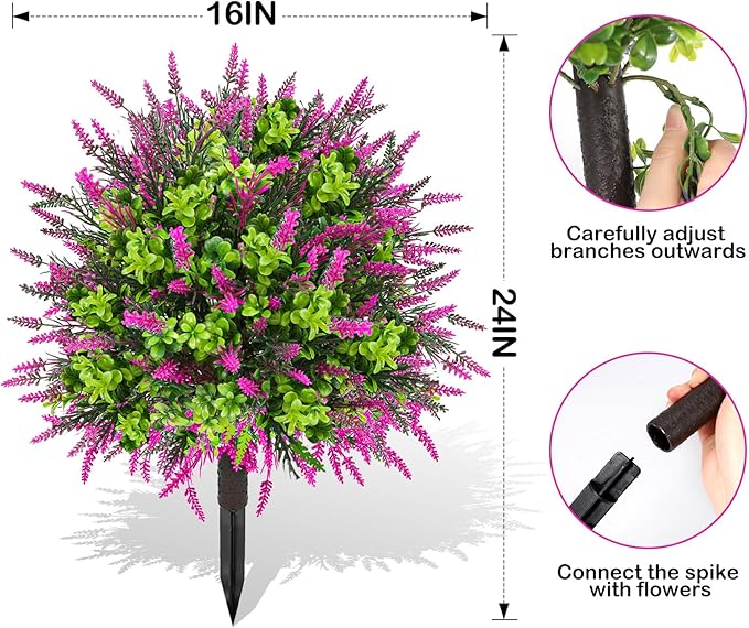 ENVEN Artificial Topiary Lavender Ball Tree Outdoor Plants with Ground Spike 22"- UV Resistant Faux Shrubs, Eucalyptus Fake Plants for Indoor & Garden, Yard, Porch, Patio Decor (Pink Green)