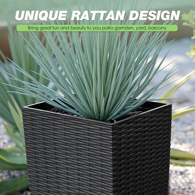 Flamaker Resin Rattan-Design Planters Set of 2, 32'' Tall Flowerpot with Additional Pot for Soil, Durable Weather-Resistant Planter with Drainage Holes for Garden, Patio, Backyard (Black, Large)