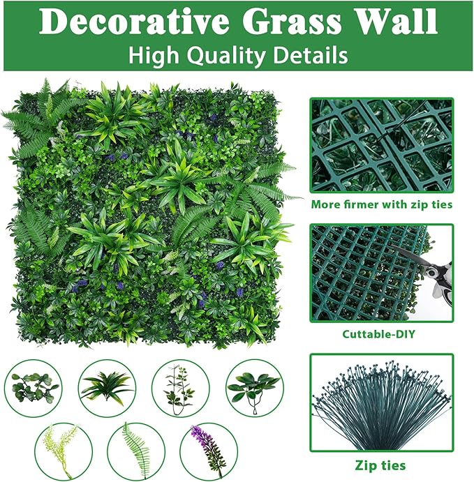 Yangrass Grass Wall Panels Set of 6, Artificial Hedge Panels Greenery Wall, UV Protected Faux Grass Backdrop Privacy Fence Screen, Greenery Wall for Outdoor Indoor Garden Birthday Wedding Decor