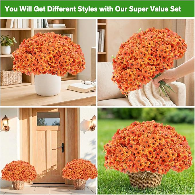 22 Bunch Outdoor Artificial Flowers with Plastic Plants Violets Faux Flowers,Outdoor Front Porch Hanging Planter Window Frame Garden Decor (Orange)