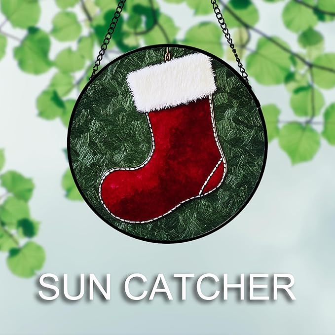 AMDERVEN Stained Glass Window Hanging 4 Pcs Set Red Christmas Stockings and Gingerbread Large 11.8" - Suncatcher Door Garden Sun Catcher Decor Birthday Mother's Day Xmas Gifts for Mom Woman Nana Men