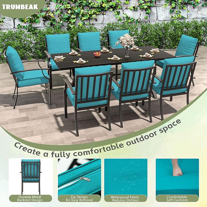 9-Piece Patio Dining Set Outdoor Conversation Set,Metal Outdoor Furniture Set with Umbrella Hole Cut-Out 78.7" x 35.4" Table and 8 Metal Backrest Chairs for Backyard,Garden,Blue
