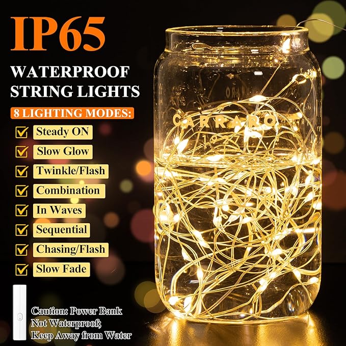 Lakumu 132FT(33 * 4) Fairy Lights Battery Operated, 500mAh Rechargeable String Lights with Timer, LED Twinkle Lights for Bedroom, Christmas Decorations, Wedding, Centerpiece Table Decor, Warm White