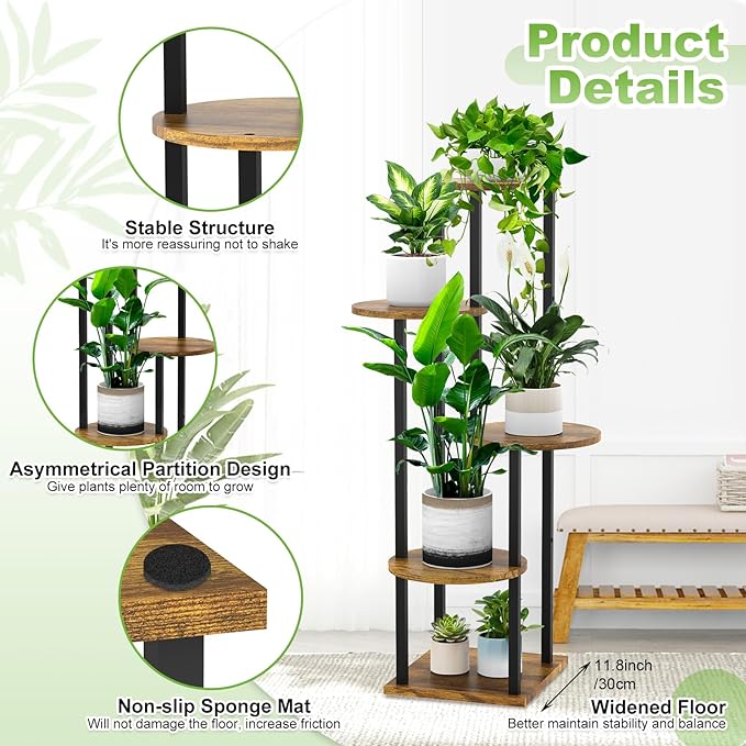 YOCOMEY 5 Tier Wood Tall Plant Stand Metal Rack Indoor, Multiple Flower Pot Holder Shelves Corner Rack, Round Planter Shelf Display Rack Storage Organizer for Patio Living Room Balcony(Black)