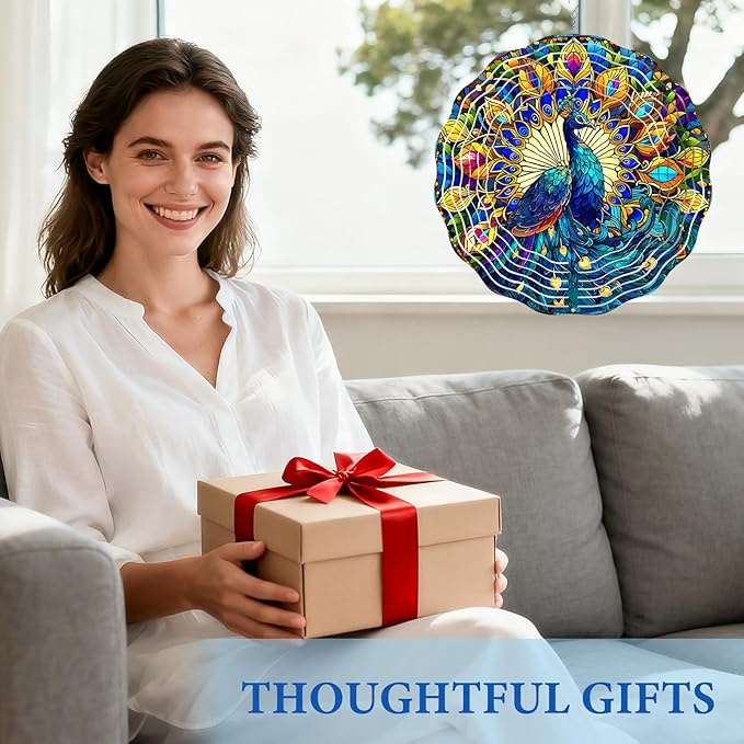 Peacock Wind Spinners Outdoor, Peacock Gifts for Women Wife Mom Grandma, Hanging Wind Spinners for Christmas Thanksgiving, 12 inch Outdoor Indoor Hanging Ornament for Garden Porch Backyard