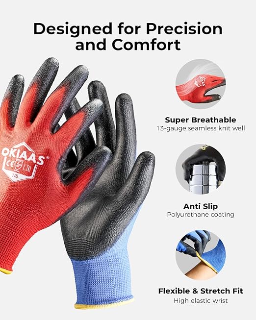 OKIAAS Work Gloves for Men, Ultra Thin and Lightweight Working Gloves with Grip, 12 Pairs Bulk Pack Construction Gloves with Polyurethane Coating for Light Duty Work (Green, X-Large)