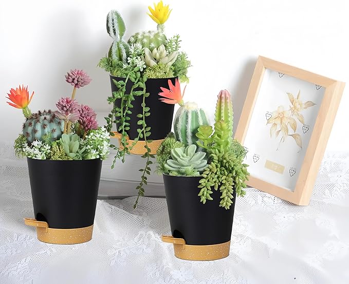 zople 12 Pack 4 Inch Self Watering Plant Pots with Drainage and Saucers，Plastic Flower Pots for Indoor and Outdoor Plants, Nursery Planters for Houseplants and Herbs Black Brown, 4 inch 12pcs