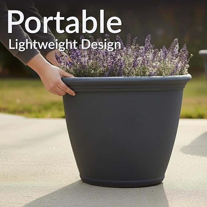 Sunnydaze 20-Inch Anjelica Large Plastic Pot for Plants - Double-Walled Outdoor Polyresin Round Planter Porch Pot with Drillable Drainage Holes - Slate - 2pk