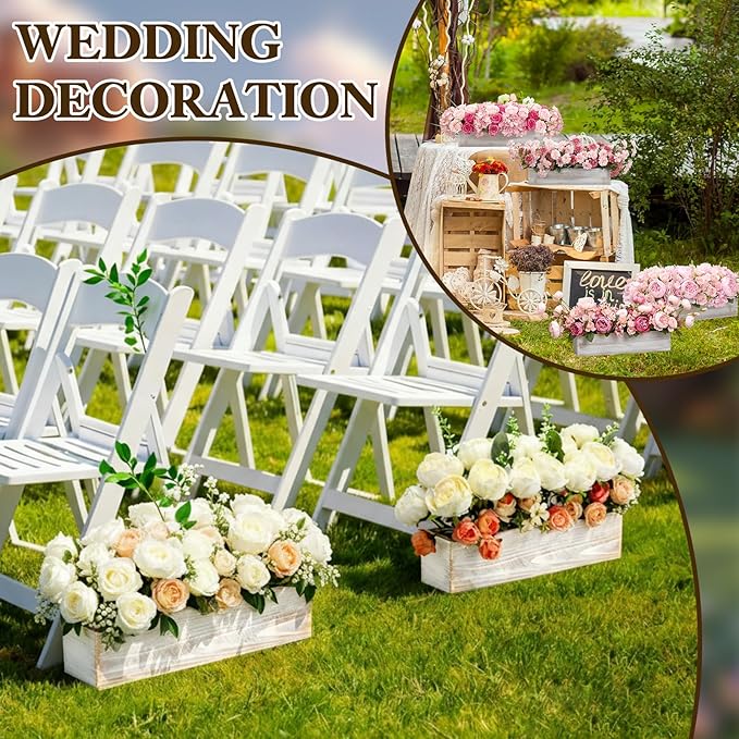 Sintuff 8 Set Rectangle Wooden Planters, 17 x 4 Inch Wood Boxes with Removable Plastic Liner & Floral Foam Blocks, Rustic Wood Planter for DIY Centerpieces Home Wedding Garden Bookshelf Decor (White)