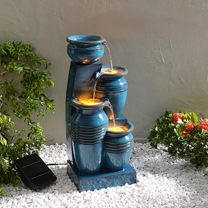 Teamson Home 28.74 in. 4-Tier Cascading Bowl Solar-Powered Water Fountain with LED Lights for Gardens, Landscaping, Patios, Balconies, Lawns, Blue