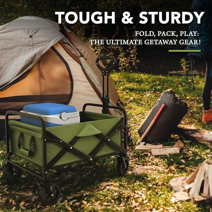 Lifetime Home Collapsible Foldable Heavy Duty Utility Wagon Cart with Larger Capacity - Perfect for Shopping, Sports Events, Grocery, Moving, Camping, Laundry, Beach - Green