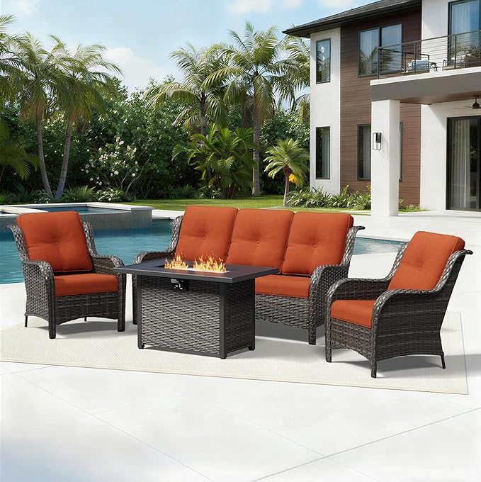 Joyside 4 Piece Wicker Patio Furniture Set with Fire Pit Table, Rattan Patio Chairs with High Back, Deep Seating, Wide Armrest, Thickened Cushions, Outdoor Furniture for Deck, Porch Use