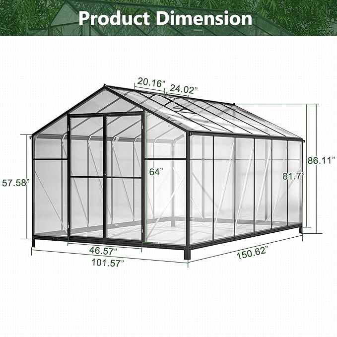 8x12 FT Greenhouses for Outdoor, Heavy Duty Polycarbonate Greenhouse,Large Walk-in Garden Green House with Double Doors and Two Ventilation Windows for Outside, Backyard,Black