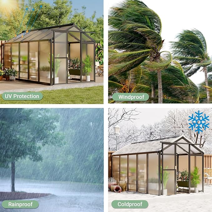 6x10ft Greenhouse Aluminum Greenhouse for Outdoors with Roof Vent, Lockable Smooth-Gliding Sliding Door, Heavy-Duty Polycarbonate Walk-in Green House for Garden, Backyard, Patio, Lawn, Dark Grey