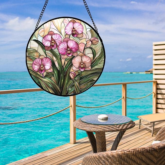 AMDERVEN Stained Glass Window Hanging - Pink Phalaenopsis Orchid Green Leaves Sun Catcher for Door Home Decor Flower Suncatcher Christmas Mother's Day Birthday Gifts for Women Men Mom Nana 11.8 in