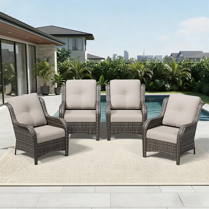Joyside 4 Piece Wicker Patio Furniture Set, Rattan Patio Chairs with High Back, Deep Seating, Wide Armrest, Thickened Cushions, Outdoor Furniture for Deck, Porch Use
