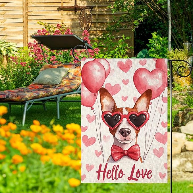 Valentine's Day Basenji Hello Love Garden Flag, House Yard Plaid Love Heart Outside Decoration, Spring Holiday Wedding Anniversary Outdoor Small Decor 12x18(12615)