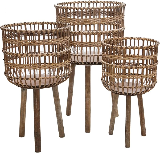 Sagebrook Home Set of 3 Wooden Planter Stands Bamboo Decorative Flower Pots for Indoor Outdoor Use, Rustic Woven Plant Holders with Legs for Home & Garden Decor, 19", 22"& 26" H