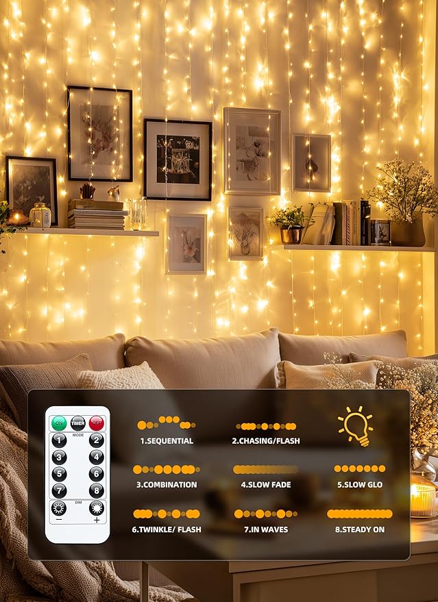 Brightown 300 LED Fairy Curtain Lights, 9.8ft x 9.8ft String Lights, USB Plug in 8 Lighting Modes Christmas String Hanging Lights with Remote for Bedroom Indoor Outdoor Party Xmas Warm White 2 Pack