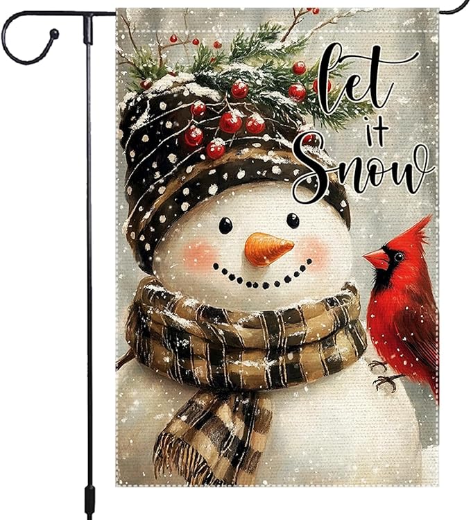 Let It Snow Garden Flag 12x18 Inch Double Sided Burlap Snowman Winter Yard Flag Cardinal Outdoor Holiday Christmas House Banner Small Seasonal Welcome Decoration for Porch Lawn