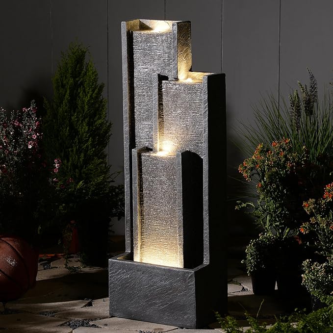 39" Modern Outdoor Water Fountain with LED Lights – Grey Tiered Geometric Indoor Waterfall Fountain for Garden, Lawn, Porch or Backyard Décor, Floor Standing Resin Patio Water Feature Outside