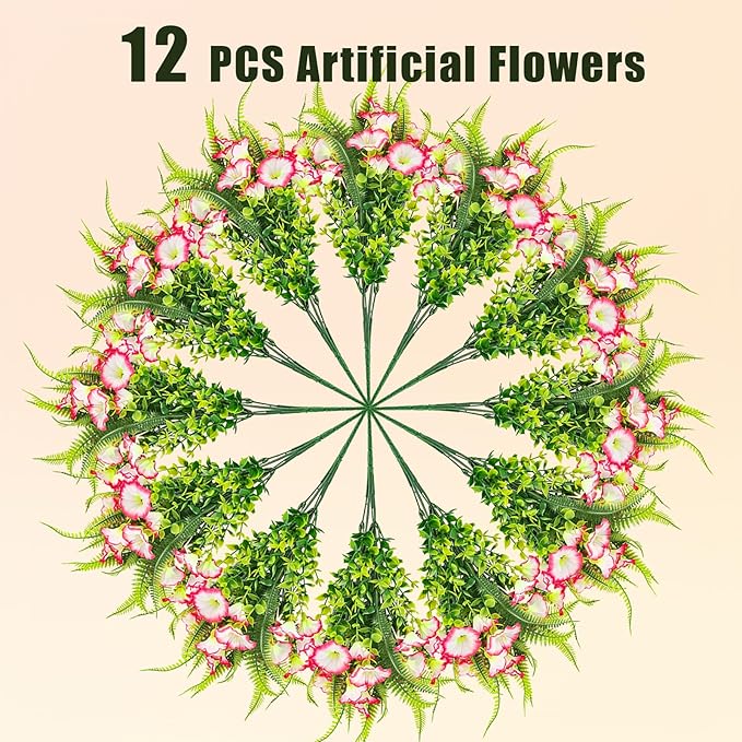 HIAGROW Artificial Flowers Outdoors 12 Bundles Pink Artificial Petunias Fake Flowers UV Resistant Shrubs Plants with Fern for Indoor Outside Hanging Planters Home Garden Summer Decorations