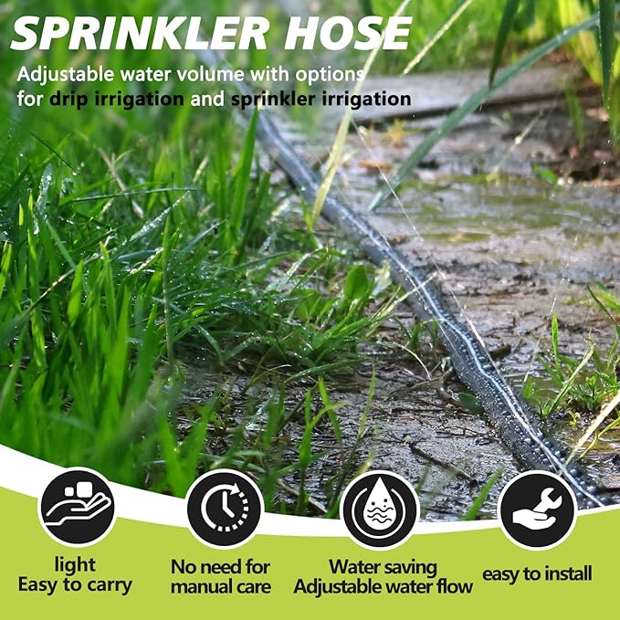 Sprinkler Hose with Holes, Flat Soaker Hoses 50 ft (25 ft 2pack) with Garden Staples and Splitters, PVC Drip Line Irrigation Watering Hoses for Lawn,Garden Beds (50 ft)