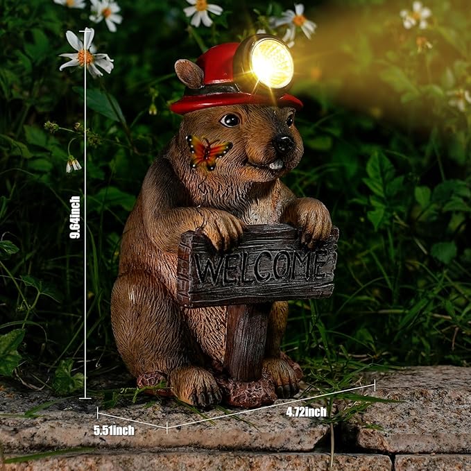 Groundhog Welcome Garden Statue with Solar Headlamp – Funny Animal Outdoor Yard Decor with LED Light and Butterfly – Waterproof Resin Garden Ornament for Patio, Lawn, Pathway