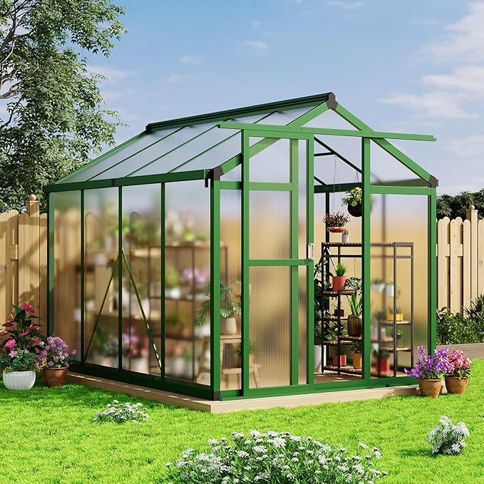6x8 FT Greenhouse - Large Aluminum Greenhouses for Outdoors, Heavy Duty Polycarbonate Greenhouse with Roof Vent&Ground Nails, Walk-in Green Houses for Garden, Backyard, Patio, Easy Assembly