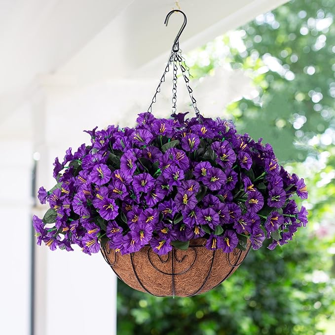 Artificial Fake Hanging Flowers Plants Basket for Outdoor Spring Summer Decoration, Faux Silk Flowers Outside Look Real Morning Glory UV Resistant for Porch Patio Balcony Garden Yard Home Purple