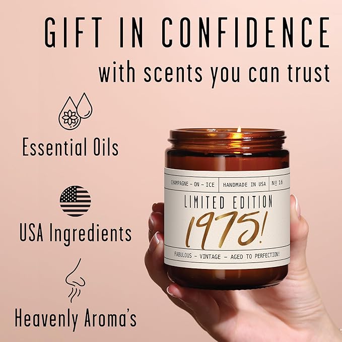 51st Birthday Gifts for Women - 'Limited Edition 1975' Soy Candle, w/Champagne on Ice I 51st Birthday Gift for Her Ideas I 9oz Reusable Jar, 50Hr Burn, Made in USA