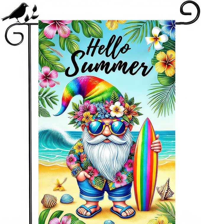 Hello Summer Garden Flag Beach Gnome Flag 12x18 Inch Double Sided Welcome Summer Holiday Yard Flag Outside Decoration Farmhouse Outdoor Small Decor