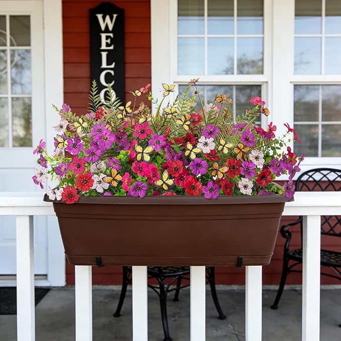 Artificial Fake Flowers for Outdoor Porch Planters Boxes Decoration,12 Bundles Outdoor Faux Fern Plants with Butterfly,UV Resistant Greenery Yard Patio Garden Decor