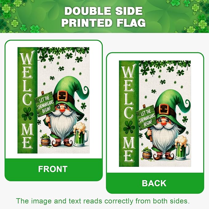 St Patricks Day Welcome Garden Flag 12x18 Inch Double Sided Gnome Lucky Shamrocks Clovers Outside Small Flag for Yard Outdoor Holiday Decoration