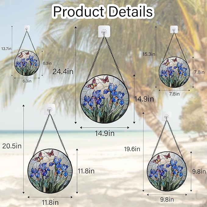 Stained Glass Window Hanging, Blue Iris Flowers Butterfly Suncatcher Diamond Colorful Glass Panel Sun Catchers Decor for Birthday for Women, Men, Wife, Aunt, and Mom 15x15 in