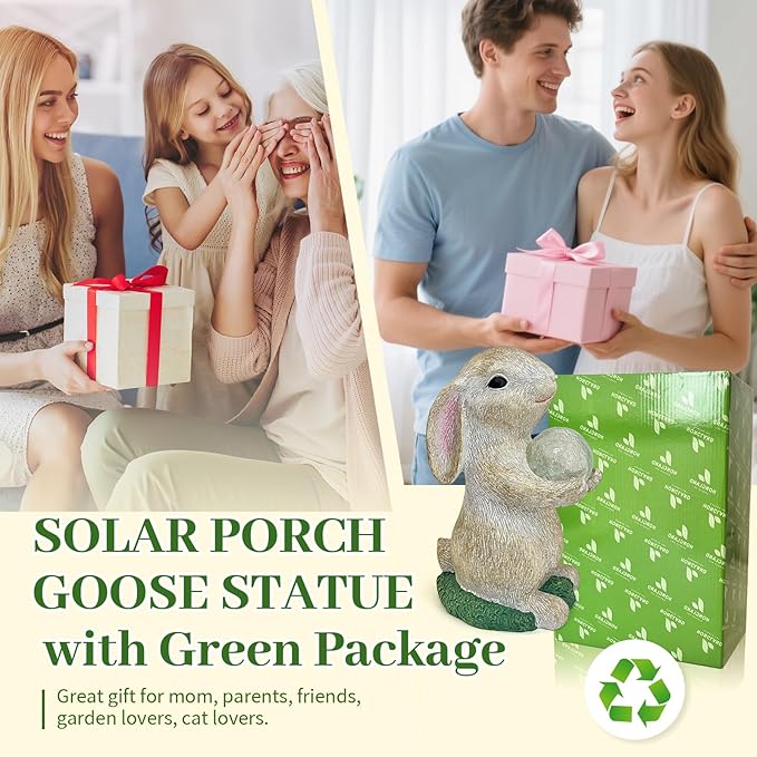 Solar Garden Statue Rabbit Outdoor Decor, Bunny Figurines with Solar Lights, Yard Decorations for Patio Balcony Yard Lawn Ornament - Unique Birthday Easter Housewarming Gifts for Women, Mom, Grandma