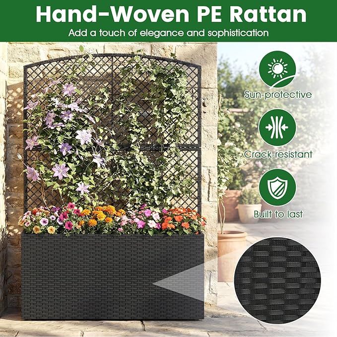 Happygrill Raised Garden Bed with Trellis, 58" Wicker Planter Box with Privacy Screen, Liner, Drainage for Patio Balcony, Outdoor PE Rattan Elevated Garden Bed for Climbing Plant Vine Flower (Black,2)