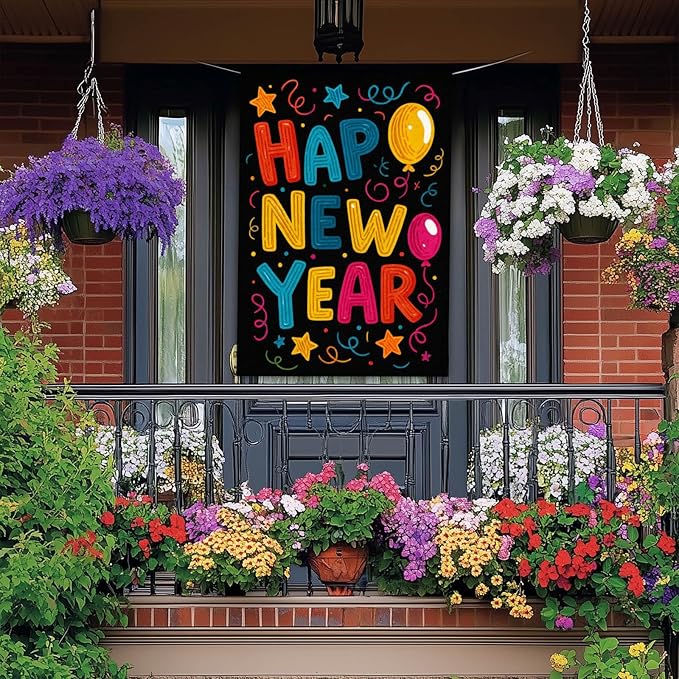 Happy New Year House Flag 28x40 Inch Double Sided Garden Flag Colorful Balloons Stars and Confetti Design Winter Holiday Yard Banner Large Outdoor Flag for Porch Lawn Home Decoration