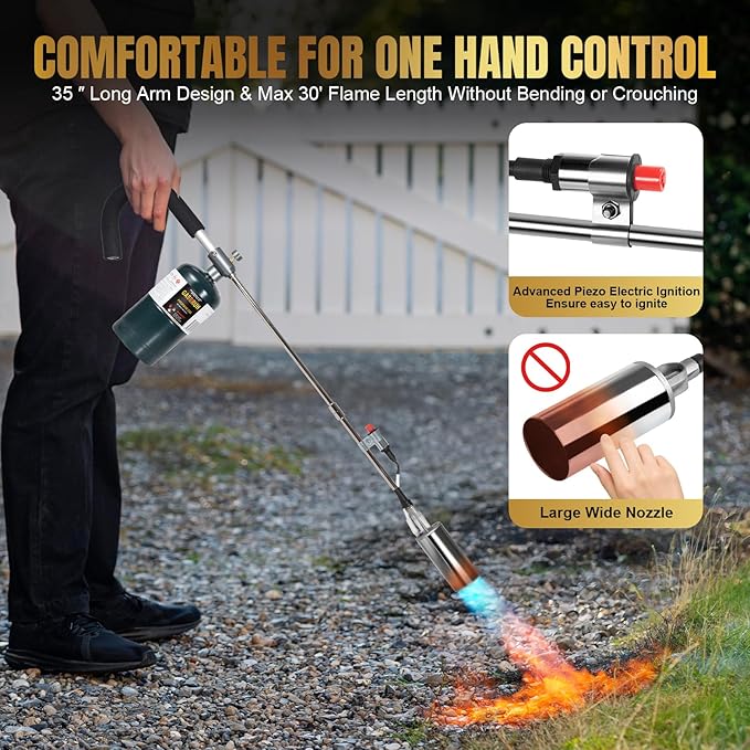 Propane Torch Weed Burner, 35" Long Arm Weed Torch Include a Weed Rake, Fire Starter, Charcoal Starter, Blow Torch with Flame Control and Igniter for Roof, Wood, Ice, Snow (Tank not included)