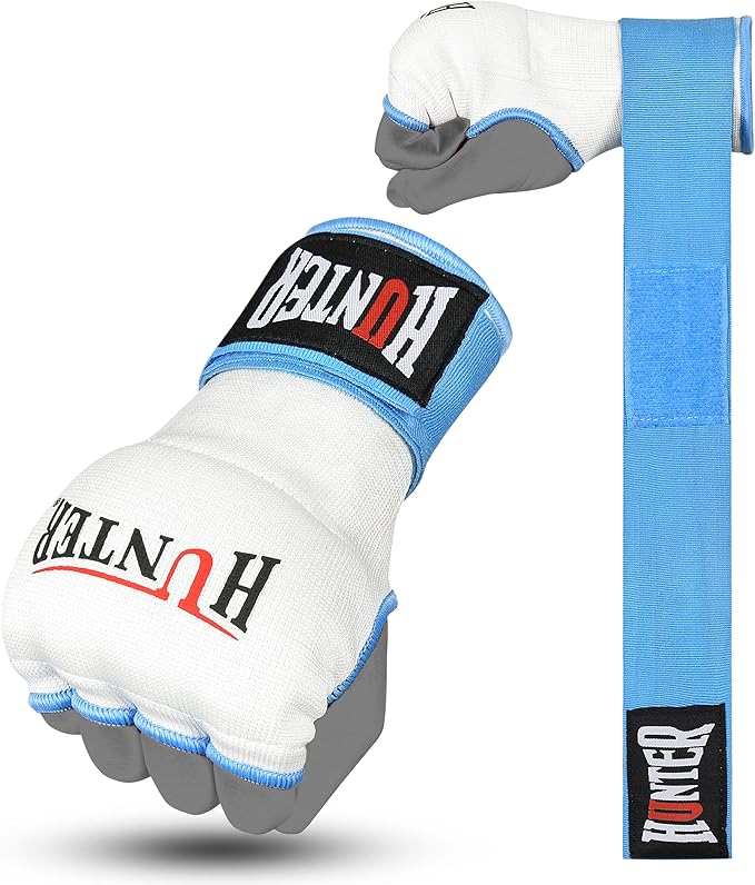 HUNTER Gel Padded Inner Gloves with Hand Wraps for Boxing, Quick Elastic Training Wraps for Men & Women, Muay Thai MMA Kickboxing Martial Arts Knuckle Wrist Protector (Pair)