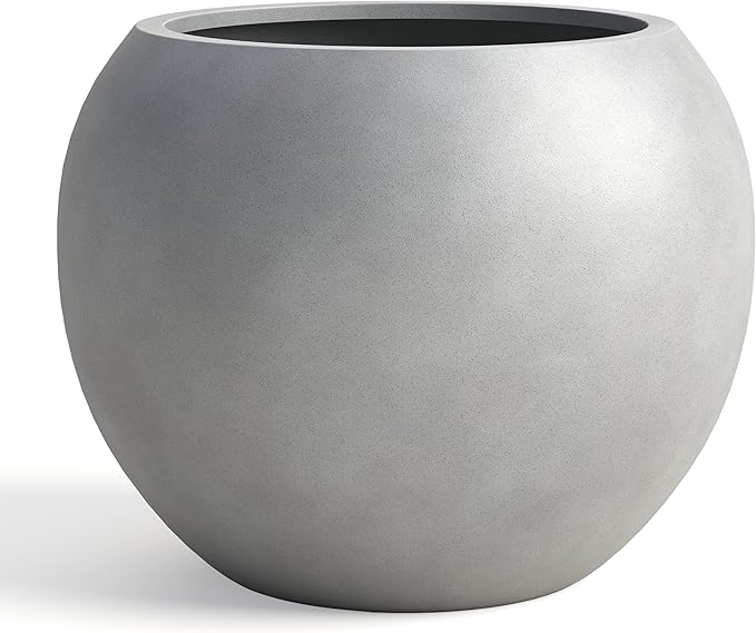 DTY Signature Mount Sherman 19.7''D x 21.7''H Modern Indoor Outdoor Fiberstone Sphere Planter, Durable Round Garden Pot, Weather Resistant, Drainage Hole & Rubber Plug - Large, Gray